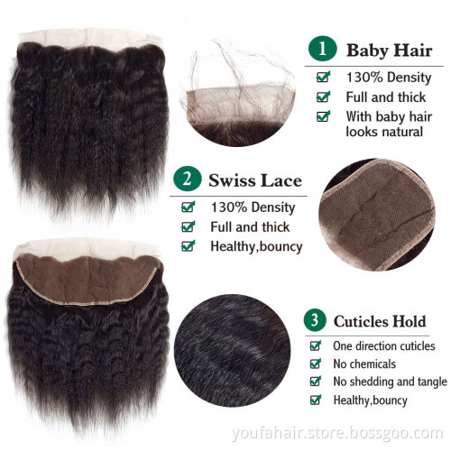 Brazilian Kinky Straight Swiss Lace Frontal Natural Black Virgin Yaki Human Hair 13x4 HD Lace Frontal Closure with Baby Hair